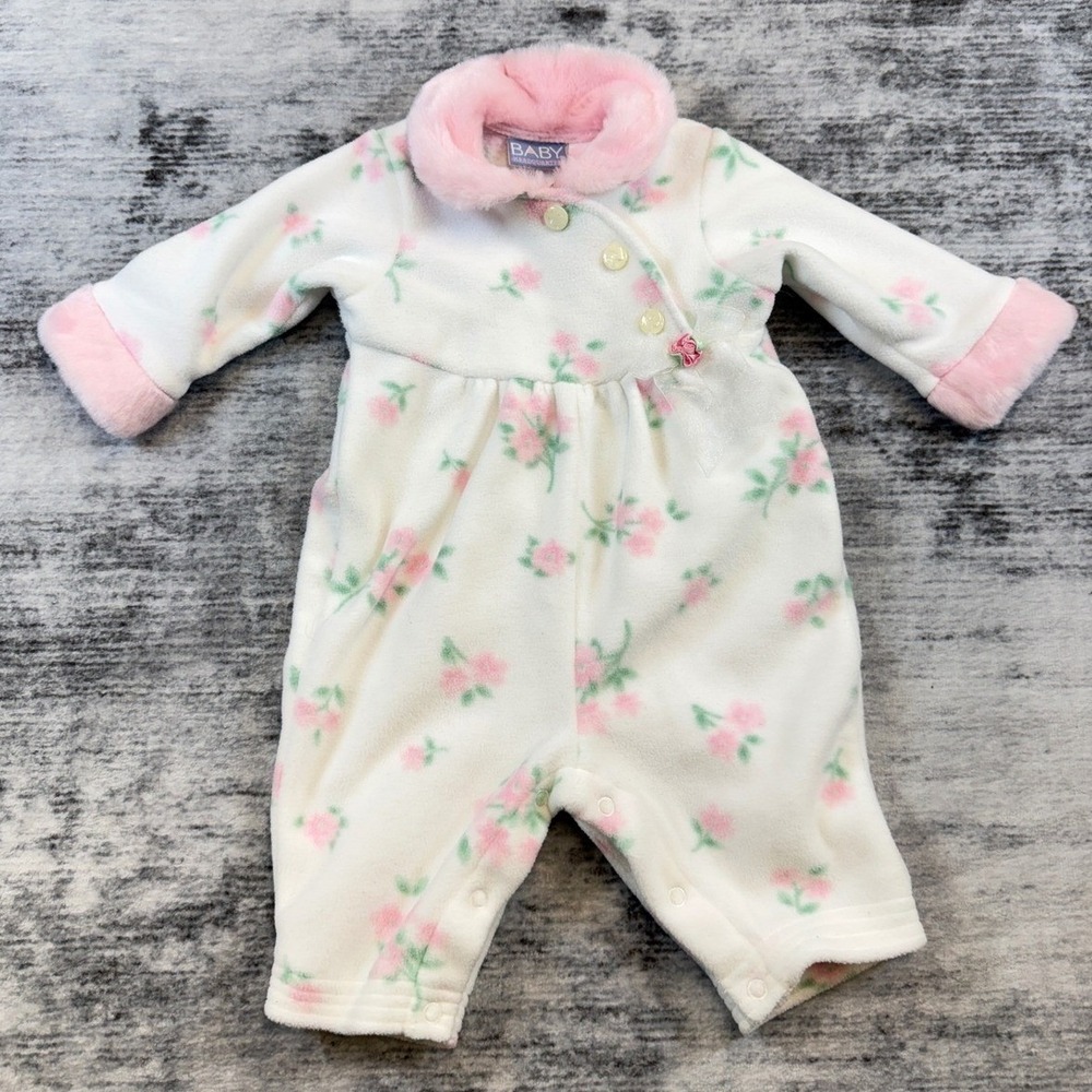 Baby Headquarters Pink Floral Fleece Romper Faux Fur Collar 3-6 Months Cream